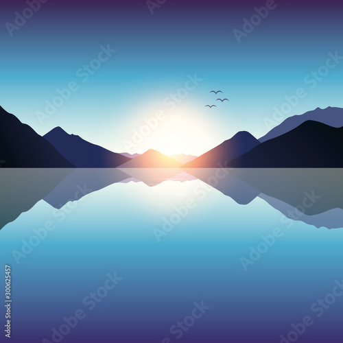 romantic sunset on blue mountain and ocean landscape vector illustration EPS10