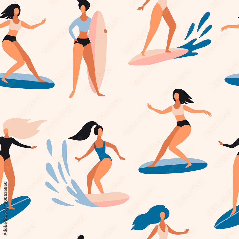 Seamless pattern with Surfer girls on board