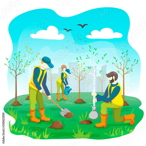 Volunteer team of young people planting trees and watering sprout, seedling in city park or garden. Volunteering gardening work. Ecological lifestyle. vector flat illustration. Arbor day concept.