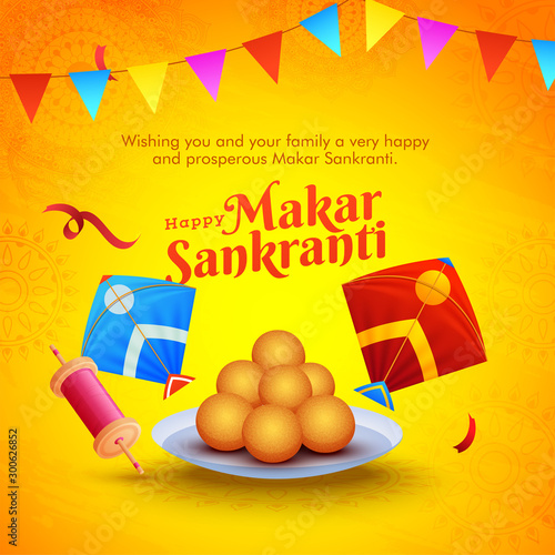 Happy Makar Sankranti message card or poster design with Indian dessert (Laddu), kites and spring spool on yellow mandala pattern background.