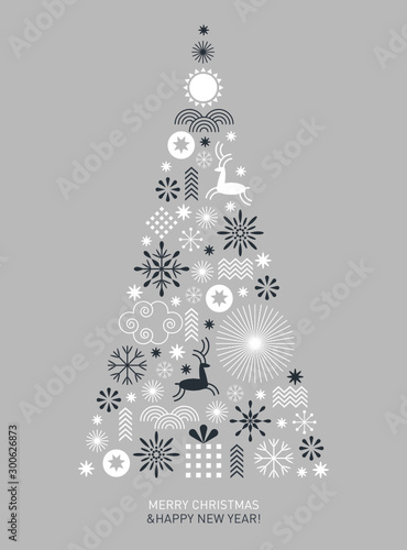 Christmas and New year's card with stylized Christmas tree, snowflakes, reindeers, geometric ornaments	