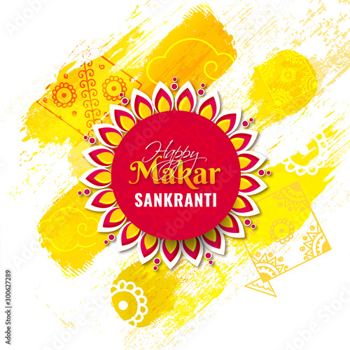 Happy Makar Sankranti text in sticker style floral frame on yellow brush stroke grunge background with kites.
