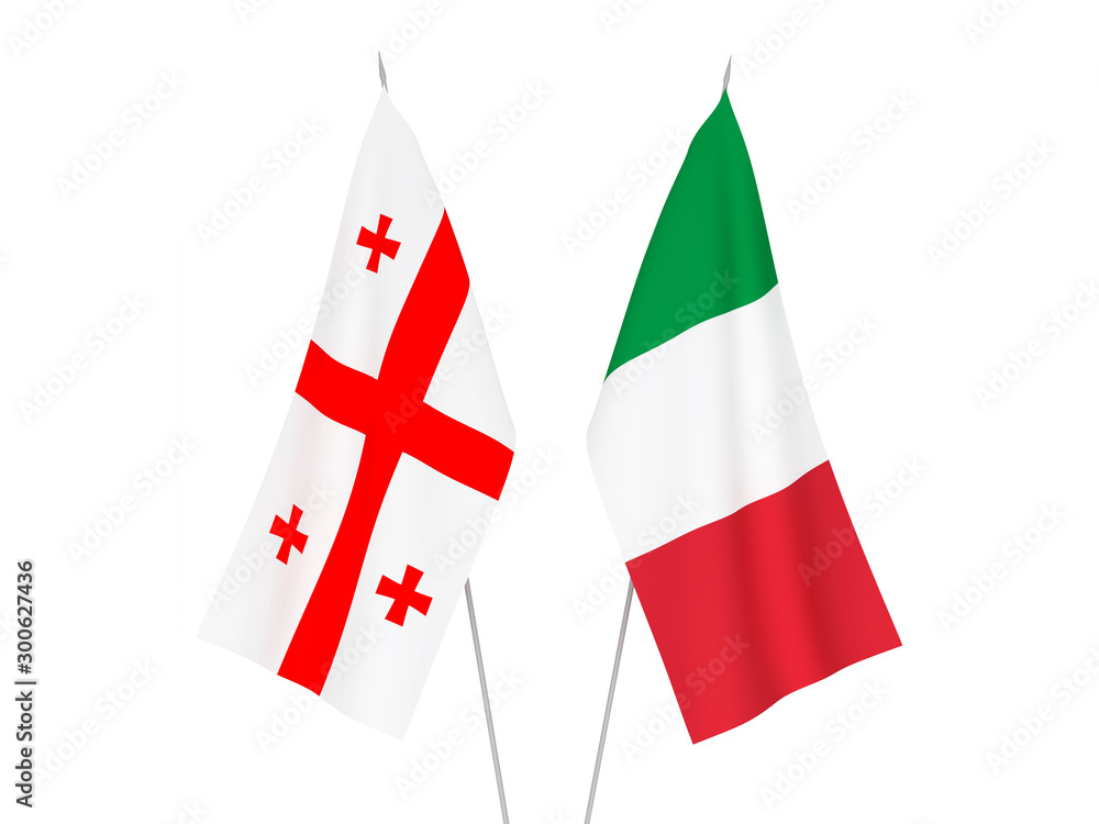 National fabric flags of Italy and Georgia isolated on white background. 3d rendering illustration.