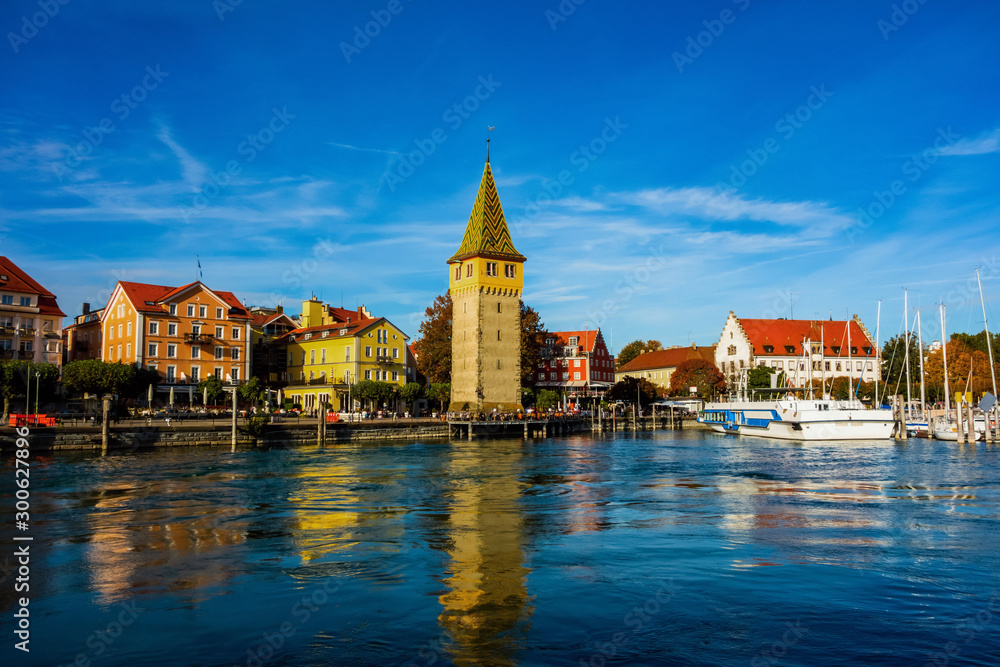 Colorful buildings and port in Lindau, lake Constance.