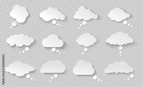 Thought bubble. Think cloud with shadow. White vector speech bubbles. Comic discussion speak balloon set. Cartoon think box. on transparent background