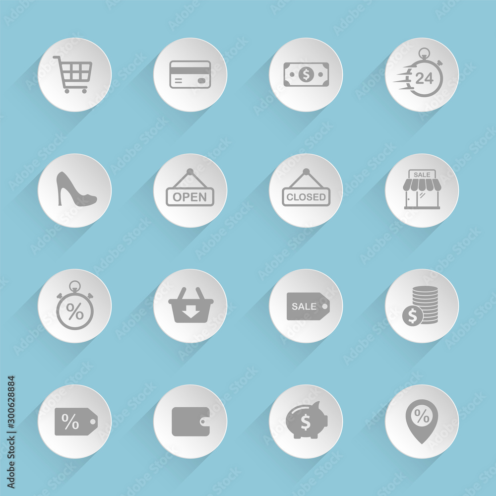 Black friday vector icons on round puffy paper circles with transparent shadows on blue background. Stock vector icons for web, mobile and user interface design Black friday vector icons on round puffy paper circles with transparent shadows on blue background. Stock vector icons for web, mobile and user interface design
