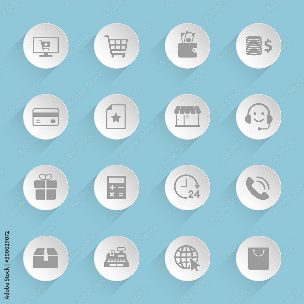 E commerce vector icons on round puffy paper circles with transparent shadows on blue background. Stock vector icons for web, mobile and user interface design E commerce vector icons on round puffy paper circles with transparent shadows on blue background. Stock vector icons for web, mobile and user interface design