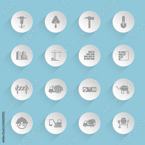 Construction vector icons on round puffy paper circles with transparent shadows on blue background. Stock vector icons for web, mobile and user interface design