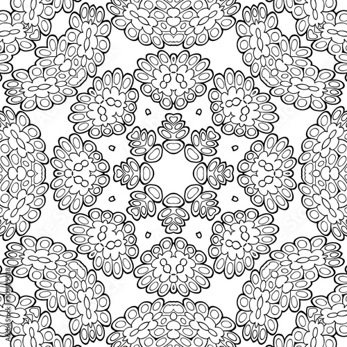 Simple coloring page for children and adults. Seamless pattern with many details. Symmetric ornament for coloring. Template for design work.
