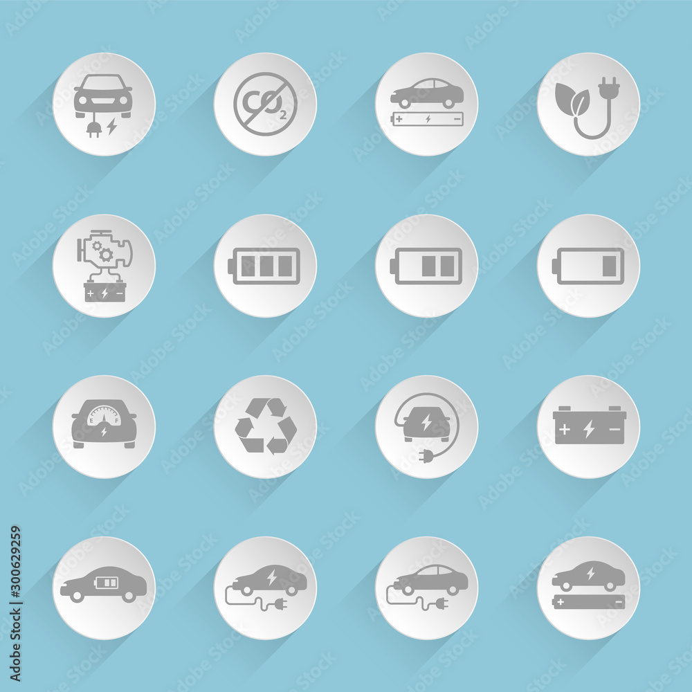 Electric car vector icons on round puffy paper circles with transparent shadows on blue background. Stock vector icons for web, mobile and user interface design