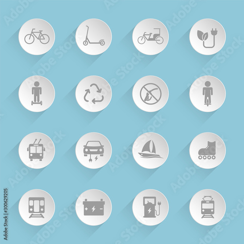 Eco transport vector icons on round puffy paper circles with transparent shadows on blue background. Stock vector icons for web, mobile and user interface design