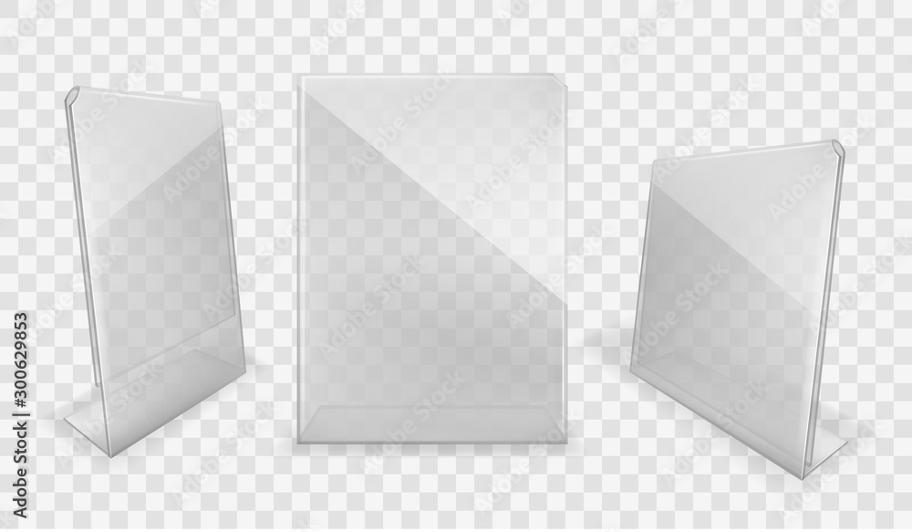 Acrylic table displays set, glass or plastic card holders isolated on transparent background. Empty plexi stands mock up. Clear plexiglass tag mockup, photo frame Realistic 3d vector illustration Acrylic table displays set, glass or plastic card holders isolated on transparent background. Empty plexi stands mock up. Clear plexiglass tag mockup, photo frame Realistic 3d vector illustration