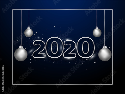 2020 text with hanging silver baubles decorated on blue background can be used as greeting card design.
