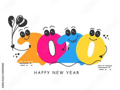 Colorful funny cartoon number 2020 with balloons on white background for Happy New Year celebration.