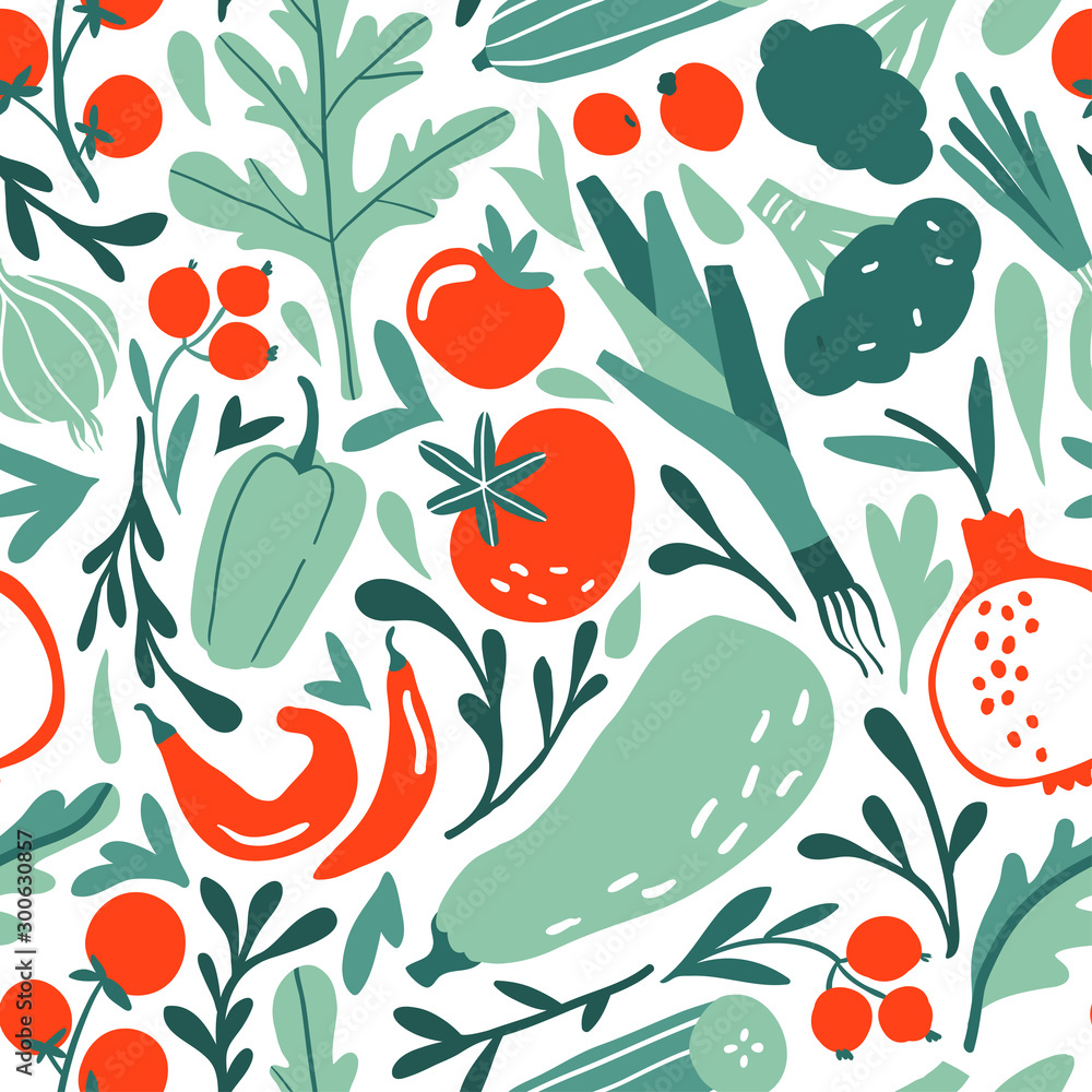 Seamless pattern with hand drawn red and green fruits, berries, vegetables