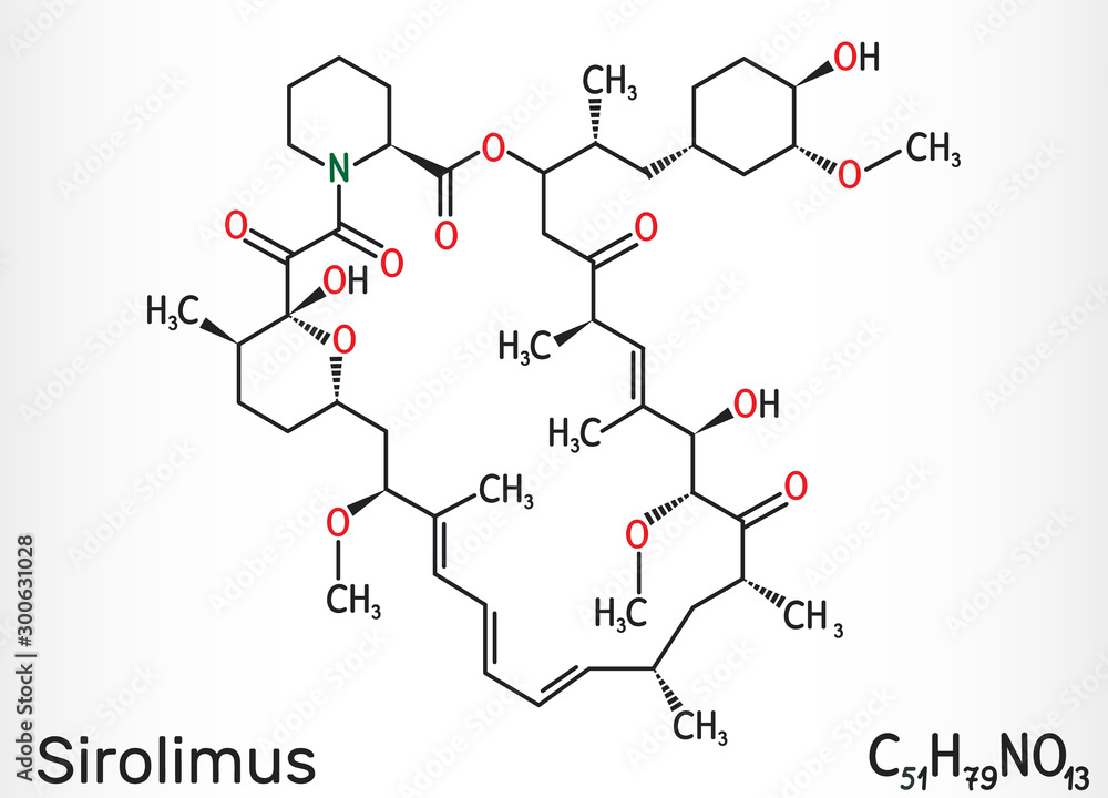 Sirolimus or rapamycin molecule. is a macrolide compound with immunosuppressant functions. Structural chemical formula Sirolimus or rapamycin molecule. is a macrolide compound with immunosuppressant functions. Structural chemical formula