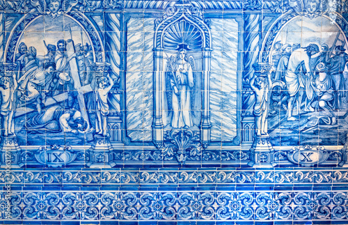 Evora, Portugal - October 17, 2019: Typical Portuguese azulejo tilework in St Francisco church. Azulejos constitute a major aspect of Portuguese architecture as they are applied on walls, floors and e