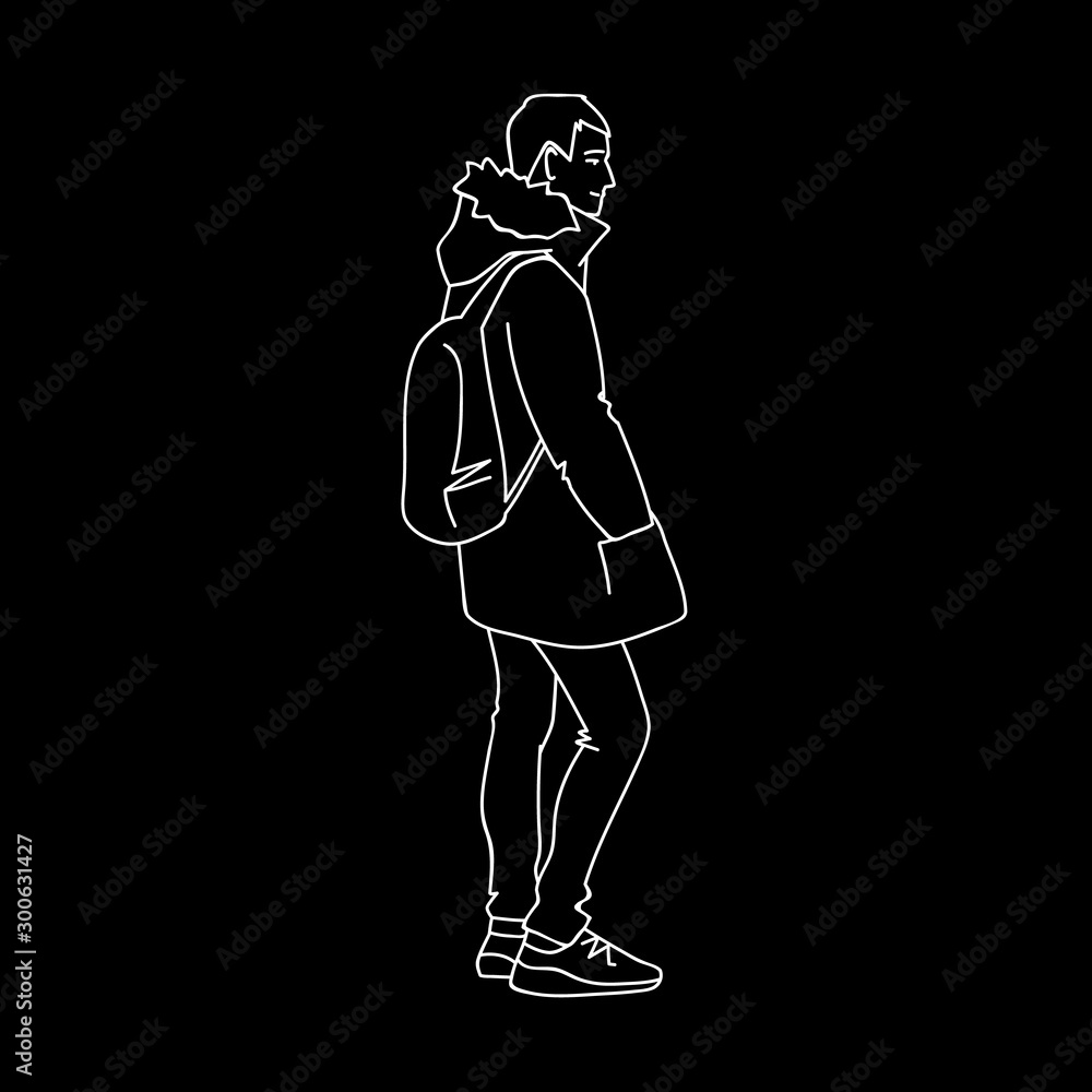 Man in warm jacket, jeans and sneakers. Side view. Monochrome vector illustration of young man with backpack standing and smiling in simple line art style. Hand drawn white lines on black background.