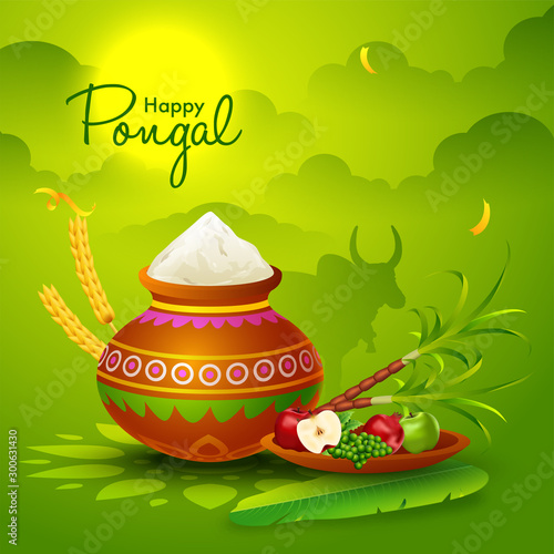 Happy Pongal greeting card design with mud pot, sugarcane and fruits on green sunshine cloudy background.