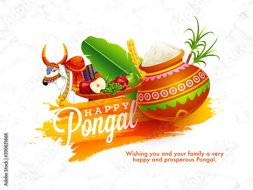 Happy Pongal festival message card design with rice mud pot, fruits, banana leaf, sugarcane, wheat ear and ox character on white marble background.