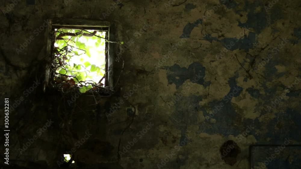 Square Offset Window In Derelict House Bedroom, Copy Space. Square Offset Window In Derelict House Bedroom, Copy Space.