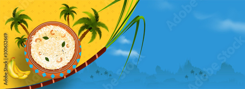 Website header or banner design with top view of pongali rice pot, banana, coconut tree and sugarcane on yellow and blue nature view background.