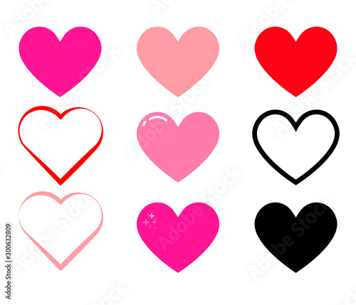 Set of color vector hearts for social app icons, live stream, chat, likes. Love icon, symbol or button on white. Pink hearts for wedding.