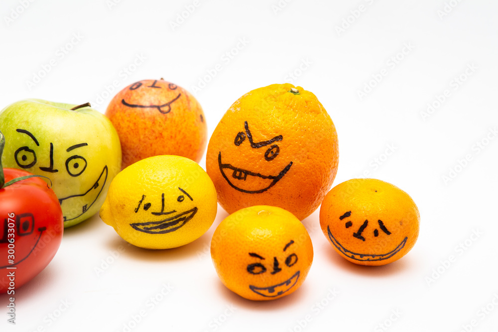 Smiley face.Oranges Drawing on face on white background. Smiley face.Oranges Drawing on face on white background.
