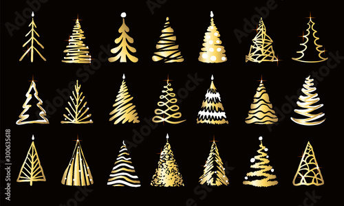 Hand drawn golden twinkle doodle christmas tree set. Many group shiny silhouette shining with bright light, sparks on black background. New year holiday simple vector luxury, metallic tinsel symbol