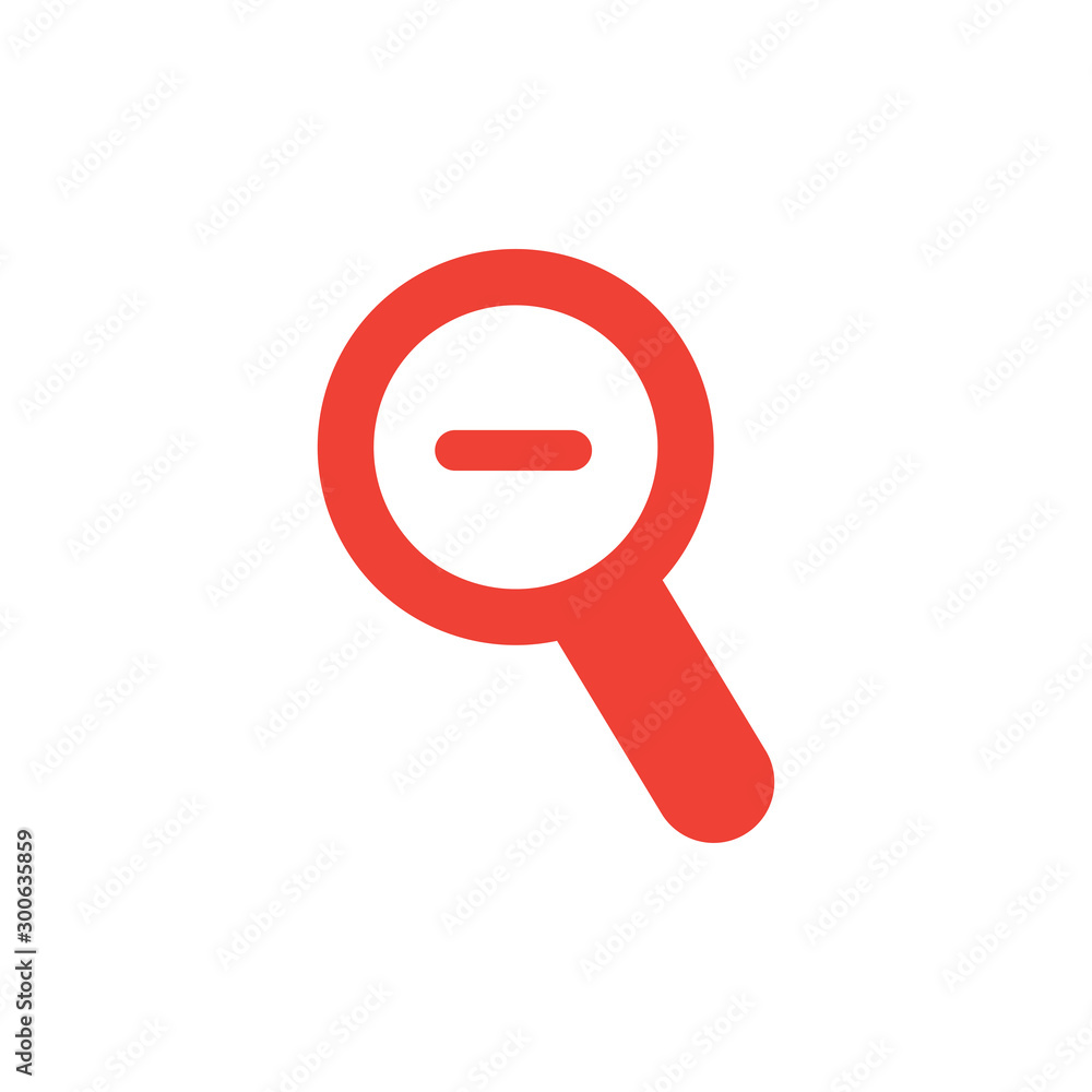 Magnifying Glass Minus Red Icon On White Background. Red Flat Style Vector Illustration. Magnifying Glass Minus Red Icon On White Background. Red Flat Style Vector Illustration.