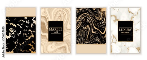 Marble gold background set in trendy minimalist style with stone, foil, glitter, metallic textures, template for poster, invitation, wallpaper, package, luxury gift