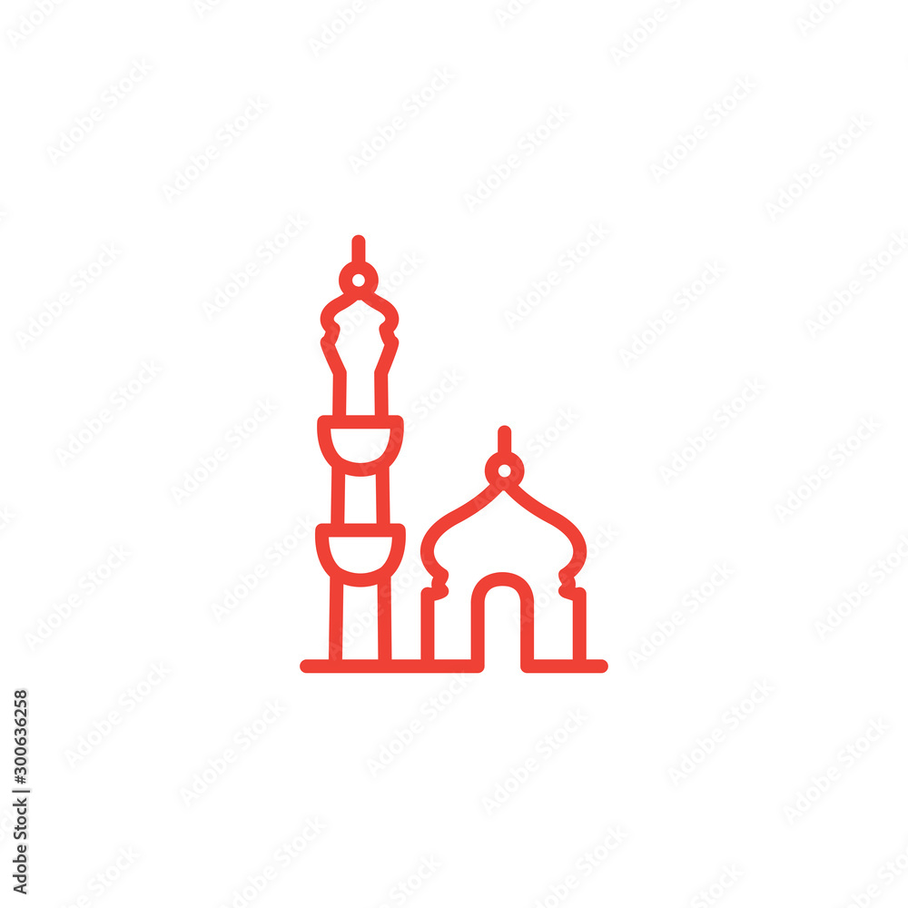 Mosque Line Red Icon On White Background. Red Flat Style Vector Illustration.