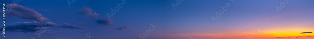 Night after sunset sky with clouds, stars and Moon (wide background panorama).