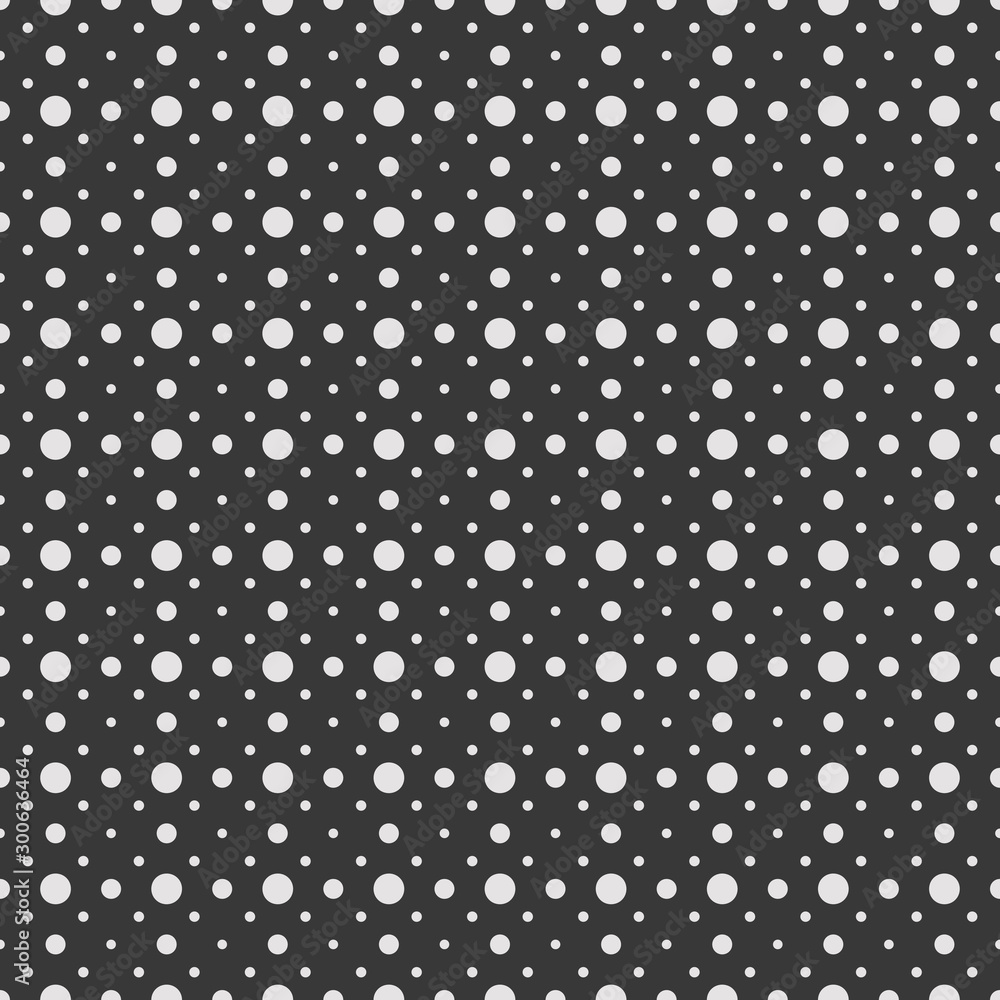 White circles and dots on a black background. Abstract seamless circles background. White circles and dots on a black background. Abstract seamless circles background.