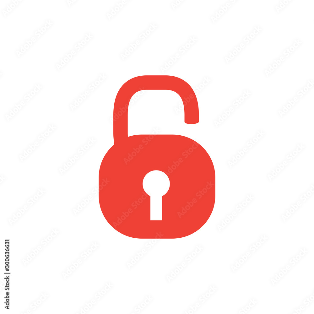 Open Lock Red Icon On White Background. Red Flat Style Vector Illustration. Open Lock Red Icon On White Background. Red Flat Style Vector Illustration.