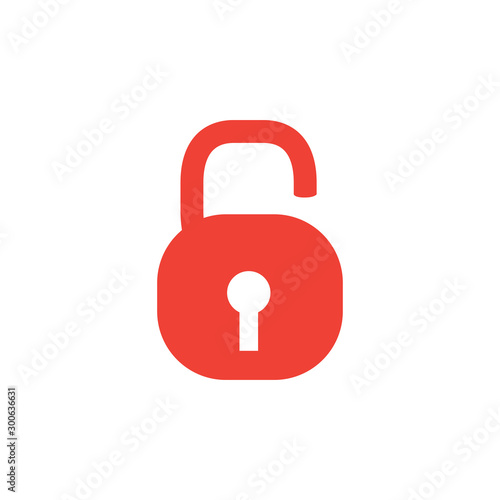 Open Lock Red Icon On White Background. Red Flat Style Vector Illustration.