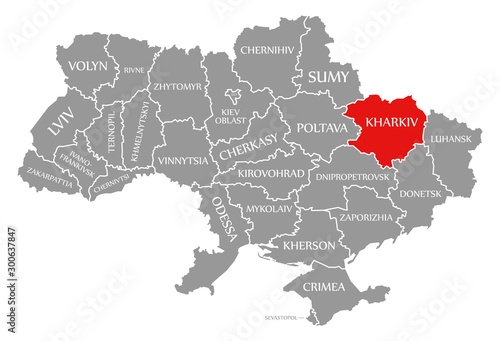 Billede på lærred Kharkiv red highlighted in map of the Ukraine