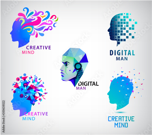 Vector set of human head, creative mind, think logos. Digital man
