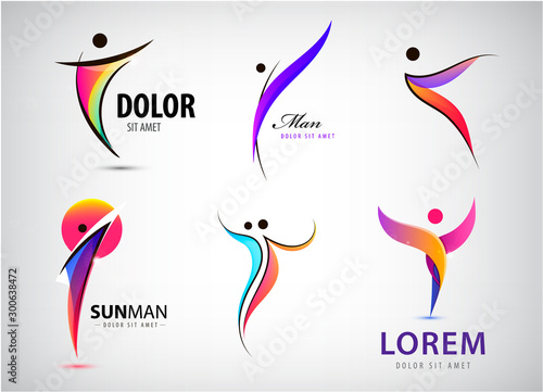 Vector abstract man icons set. Positive, healhy lifestyle, wavy human 3d icon. people shapes, linear colorful stylized figures. Use for fitness