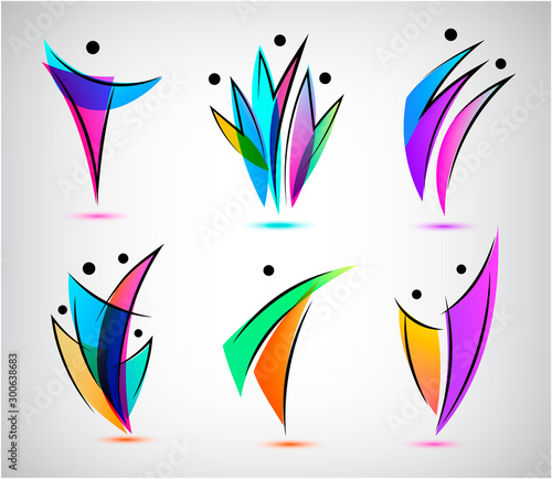 Vector set of men, people group, family logos. set of figure line silhouettes, human, men, sport and dancing signs.