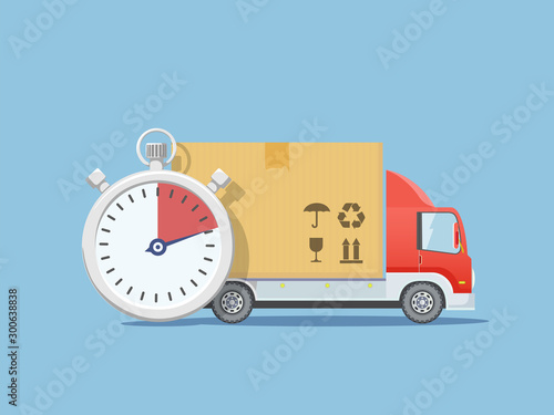 Truck transportation. Stopwatch with cardboard box. Cargo delivery