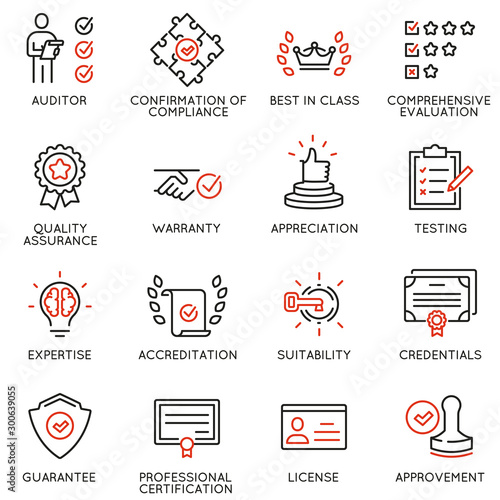 Vector set of linear icons related to approvement, accreditation, quality check and affirmation. Mono line pictograms and infographics design elements