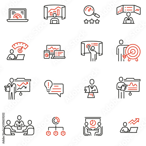 Vector Set of Linear Icons Related to Strategy Management System and Balanced Scorecard. Data Analysis and Development Statistics. Mono Line Pictograms and Infographics Design Elements