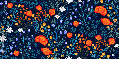 Bright floral seamless pattern with different kinds of flowers (marigolds, daisies, tulips...), leaves in hand-drawn style on a dark blue background. Template  for fabrics, Wallpapers, prints...Vector