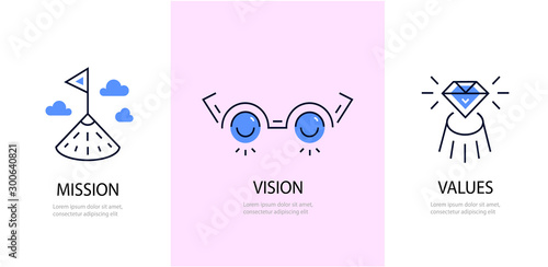 Vector set of company culture icons. logos. Mission. Vision. Values. Web page template. Linear concept with hill and flag, glasses, diamond