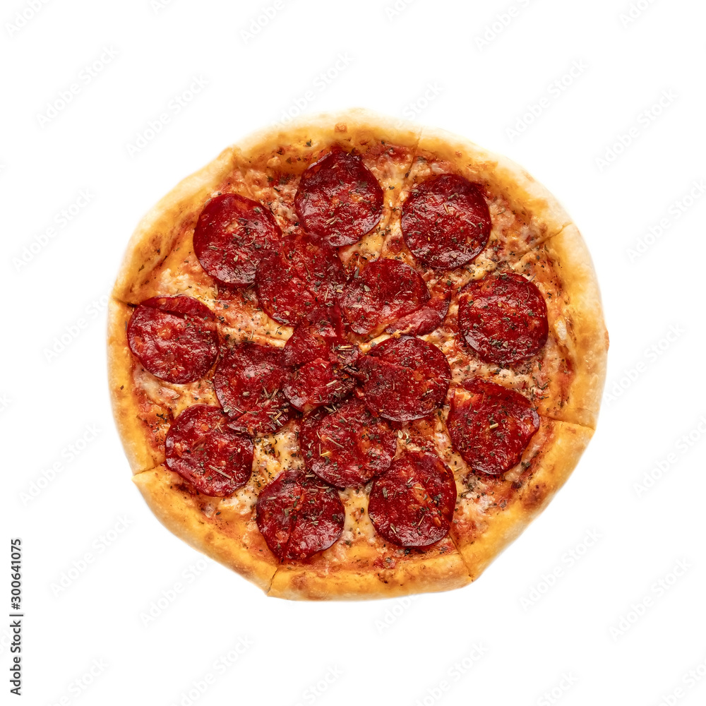 Tasty pizza with sausage from the top on white background. Italian food Tasty pizza with sausage from the top on white background. Italian food