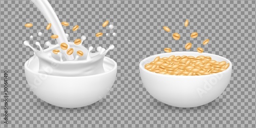 Oatmeal. Milk, muesli, wheat healthy organic food. Realistic vector white bowls with oatmeal. Cereal breakfast with milk, natural porridge oatmeal illustration