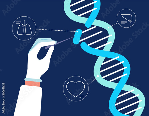 Dna analysis. Genome crispr cas9 biochemical farmacity medical engineering human gene mutation research chrommosomes vector background. Research dna, biotechnology engineering analysis illustration