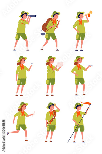 Kids scouts. Childrens specific uniform camping characters boys and girls vector characters. Scout uniform cartoon, happy teens adventure illustration