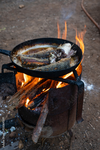 Traditional Turkish fish fries on the campfire.